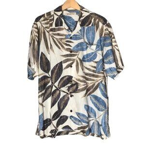 Tommy Bahama Large Camp Shirt Hawaiian Tropical Short Sleeve Cream Blue Linen
